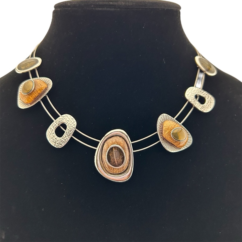 🇨🇦 Spoutnik Silver tone and brown metal pendants necklace